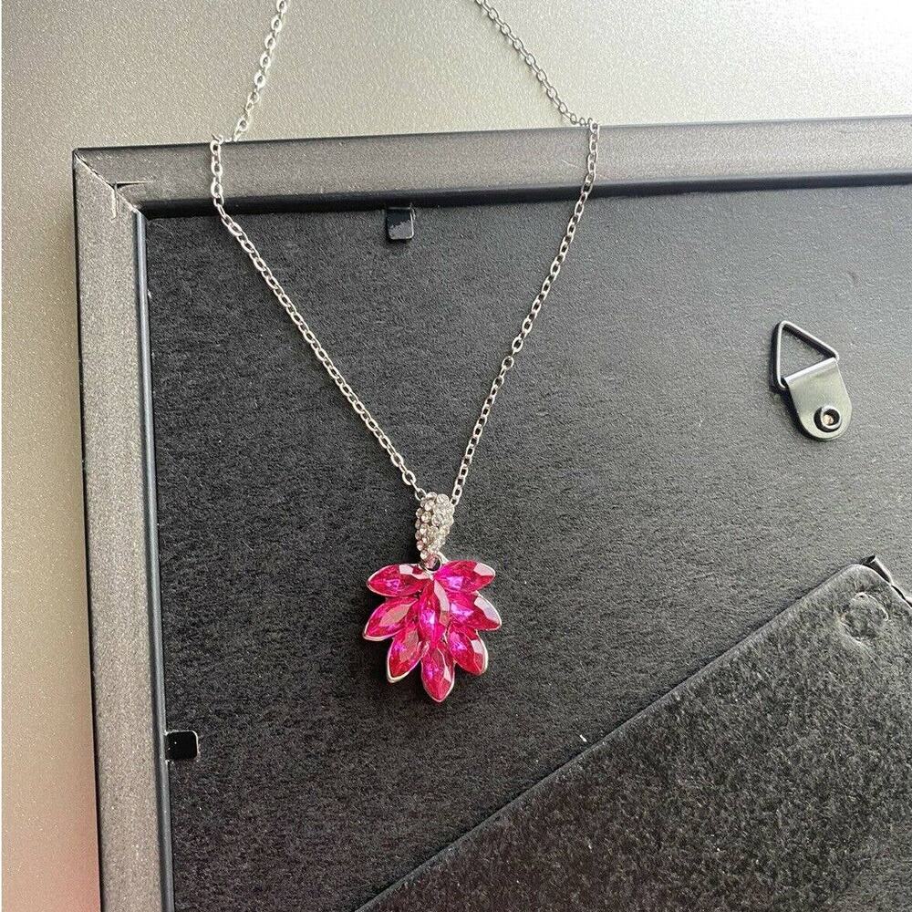Hot Pink Crystal Rhinestone Cubic Zirconia CZ Gemstone Marquise Flower Necklace